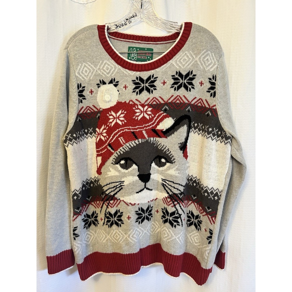 Vintage Ugly Christmas Sweater Cat Wearing Santa Hat Sz XXL